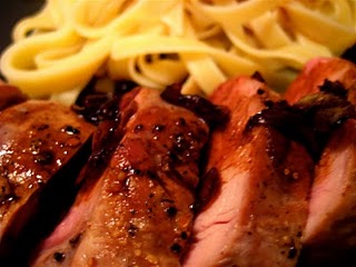 Duck breast with sweet balsammic sauce and linguini