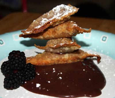 Wacky Stacky Wontons with Chocolate Dipping Sauce and Fresh Blackberries